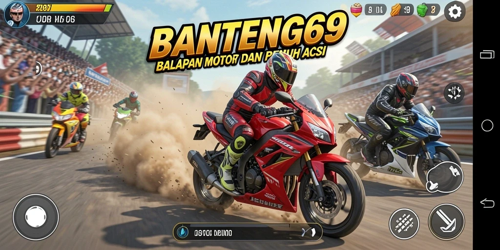 Tangkapan layar BANTENG69 menampilkan aksi balapan motor yang seru di trek menantang.