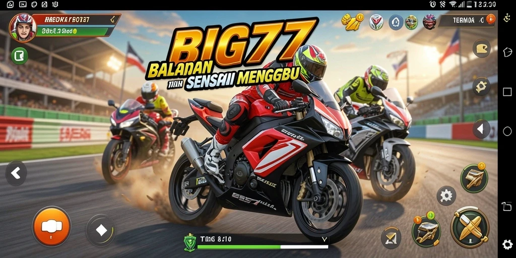 Tampilan gameplay mendebarkan dalam BIG77 dengan aksi balapan motor.