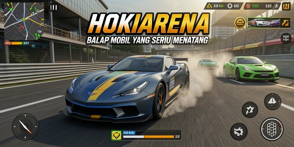 Screenshot gameplay HOKIARENA yang menunjukkan aksi balapan yang mendebarkan.