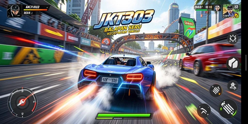 Tangkapan layar gameplay JKT303 menampilkan mobil balap dalam aksi di trek yang menantang.
