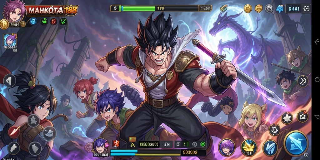 Screenshot utama MAHKOTA188 menampilkan aksi pertarungan karakter Anime yang seru.
