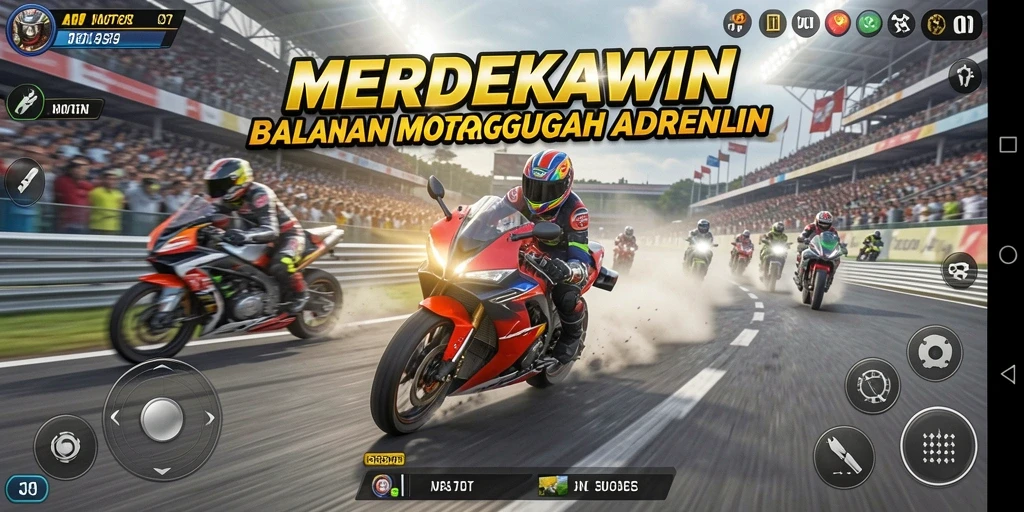Tangkapan layar gameplay MERDEKAWIN menampilkan momen balapan seru.