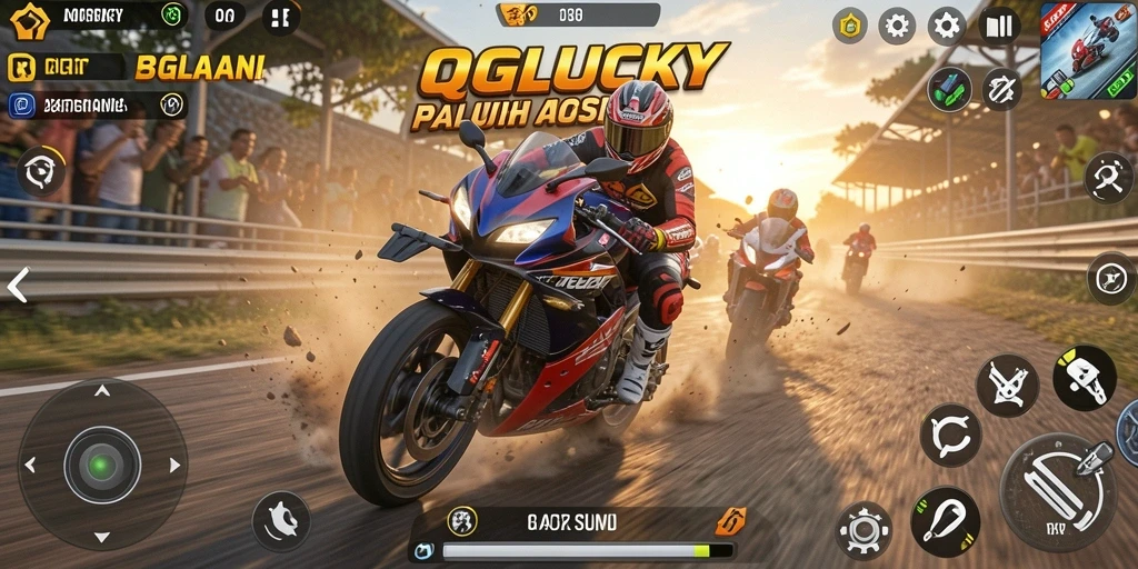 Tampilan seru gameplay QGLUCKY dengan balapan motor yang mendebarkan.