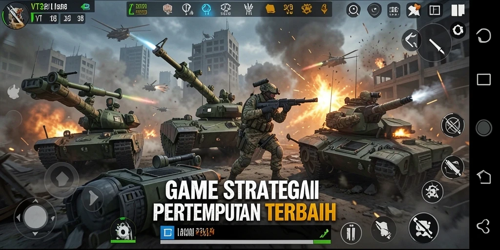 Screenshot gameplay VT38 menampilkan pertempuran strategi yang intens.